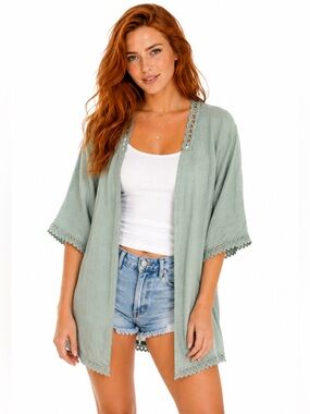Valentina Naldi Italian Linen Crochet Lace Kimono Cardigan Sage Green One Size